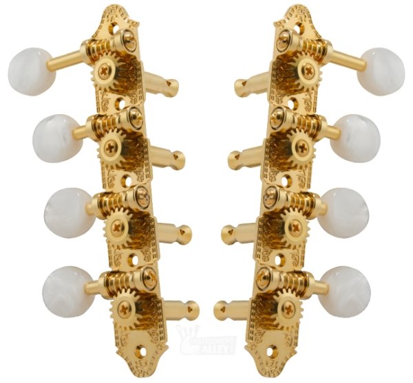 F-Style Mandolin Tuning Machines 4 x 4 Tuners Set, Gold with Pearloid Buttons