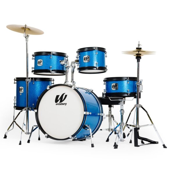 5-Piece Junior Drum Set Complete With Hardware, Cymbals & Throne, Blue Sparkle Finish