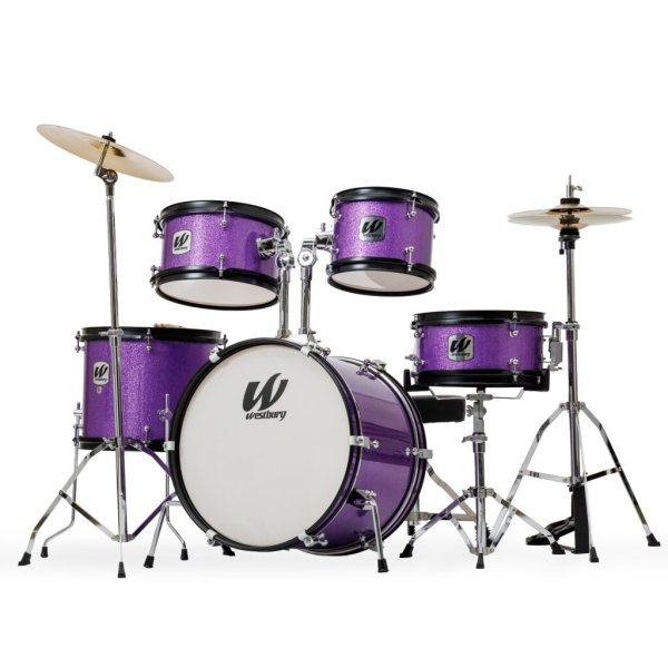5-Piece Junior Drum Set Complete With Hardware, Cymbals & Throne, Purple Sparkle Finish