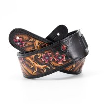 2.5" Leather Strap with Brown Wave and Cherry Blossom Pattern, Black