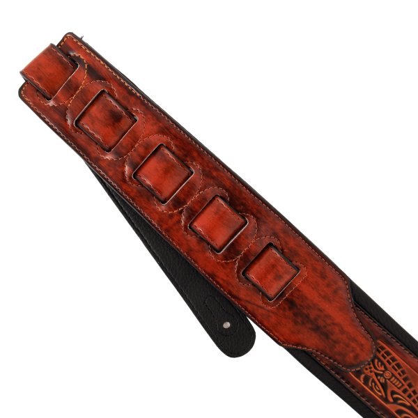 Leather Padded Strap with Tooled Hibiscus Flower Pattern Dark Brown and Black