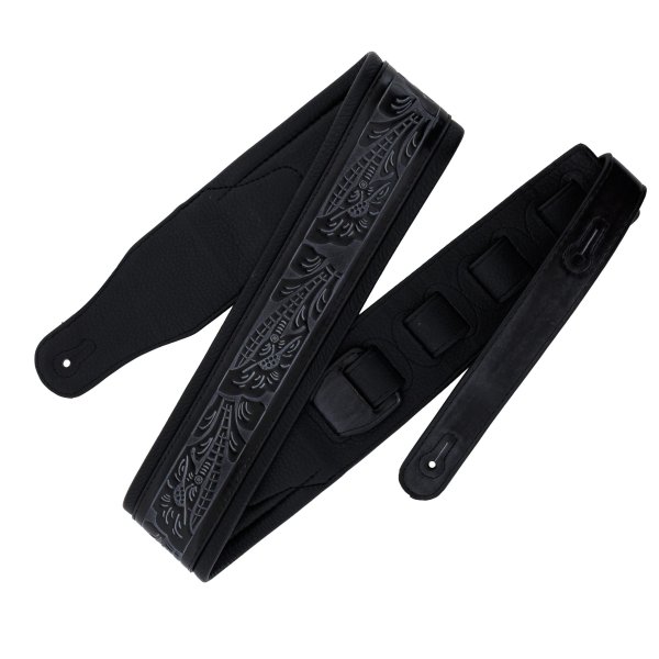 Leather Padded Strap with Tooled Hibiscus Flower Pattern Black