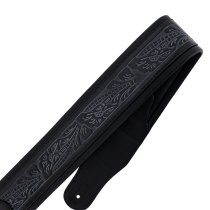 Leather Padded Strap with Tooled Hibiscus Flower Pattern Black
